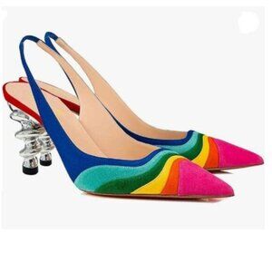 FOWT Bright Rainbow Pointed Toe Kitten Heeled Slingback Pumps Sandals Shoes